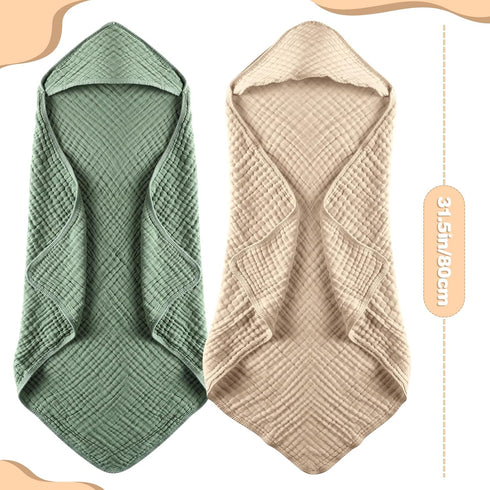 2-Pack, MUKIN Baby Hooded Towels, Muslin Cotton, for Newborn, Infant, Toddler and Kids (Dark Green,Khaki)