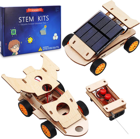 2 in 1 Science Experiment Kits for Kids - DIY Building Remote Control Solar Car Model Kit, 3D Puzzles Wooden Motor Set,
