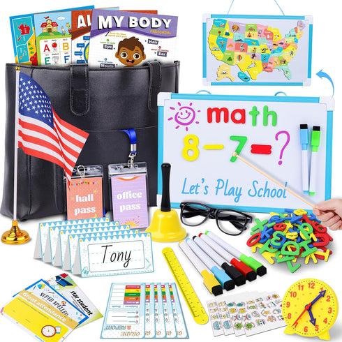 Gifts2U Sets Pretend Play School for Kids - With Teacher Bag, Whiteboard, Learning Clock, Educational Posters