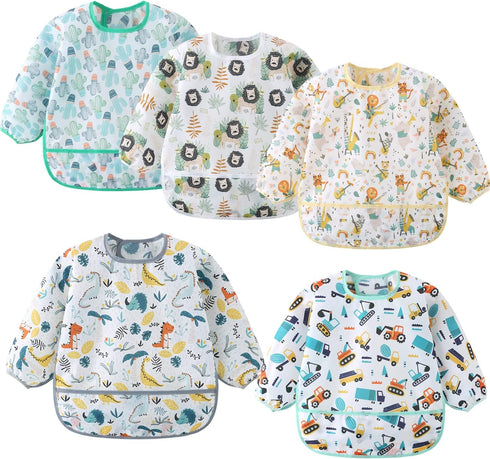 5 Pack Long Sleeve Bib, Baby Toddler Waterproof Sleeved Bib for 6-30 Months