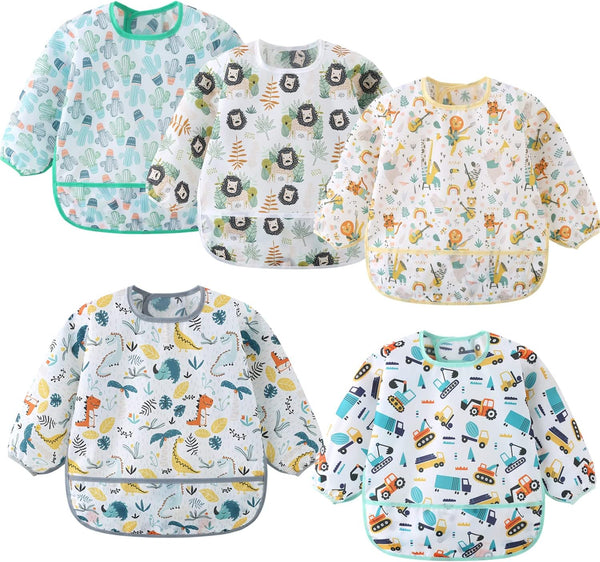 5 Pack Long Sleeve Bib, Baby Toddler Waterproof Sleeved Bib for 6-30 Months