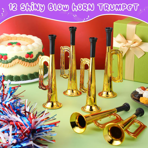 Poen 12 Pcs Mini Metallic Trumpet Toy Set, 7 Inch Plastic Noise Makers for Kids Events & Music Class (Gold)