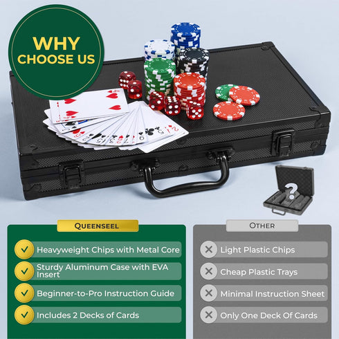 Set 300 11.5 Set 2 Queensell Poker with Poker Chips Gram for Texas Holdem Professional Weight Poker Chips with Decks