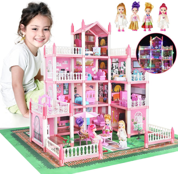 Doll House Set for Girls, Princess House Toys with 4 Dolls and 4-Story 11 Rooms for Kids