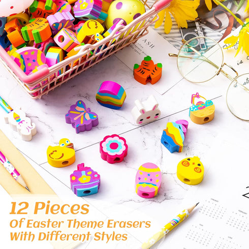Easter Erasers - 12 Styles Bunny Egg Pencil Toppers for Kids, 3D Mini Rubber Erasers, 144 Pack