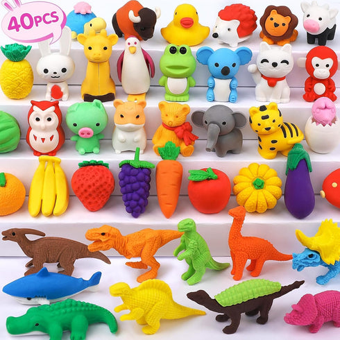 40 Pcs Animal Erasers - 3D Puzzle Desk Pet Pencil Erasers for Kids Party Favors and Back to School Supplies