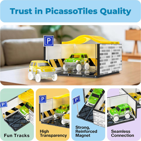 Pack 2 Set 3+ PTR07 PicassoTiles Magnetic Tiles Race Car Track Kit Parking Garage Expansion with Cars Magnet Tile