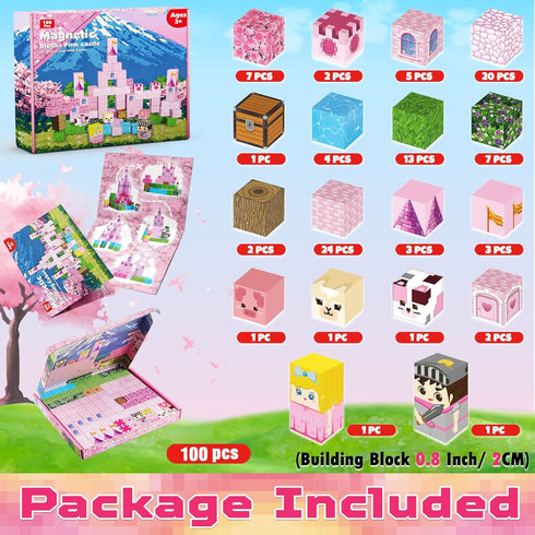 100PCS Sets, 3 4 5 6 7 8-12 Magnetic Blocks - Magnetic Building Block for Kids, Build Pink Princess Castle Magnet Cubes