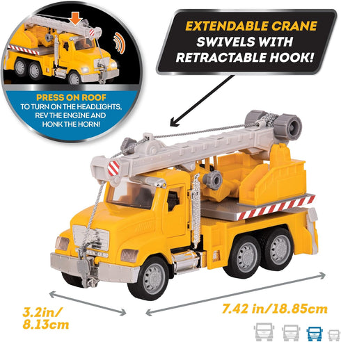 7-Inch 3+ Driven by Battat Crane Truck Toy with Lights & Sounds, Movable Parts, Construction Vehicle for Boys & Girls