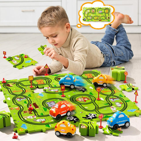 Beby Buty 64PCS Set 3-5 4-6, 3 4 5 3 4 5 6 Puzzle Race Track Car for Kids Boys, Floor Puzzle Tracks Car Toys for Boys
