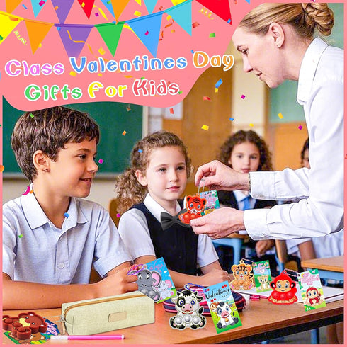 24 PACK Kiss Monkey Valentines Day Gifts for Kids, Valentines Cards for Kids Classroom with Animals Pop Fidget Toys