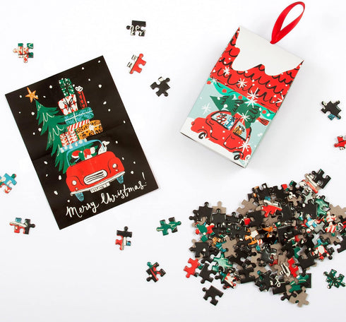 Galison Christmas Car 130-Piece Puzzle Ornament, Mini Puzzle Measures 6’ x 8.25”, Festive Holiday Puzzle.