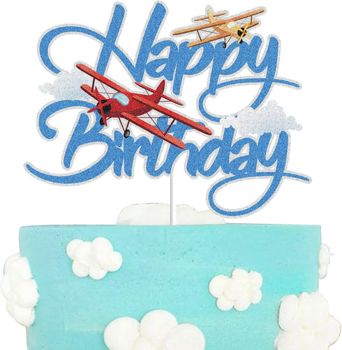 LINGBOOM Airplane Happy Birthday Cake Topper - Aircraft Plane Travel Airman Theme Kids