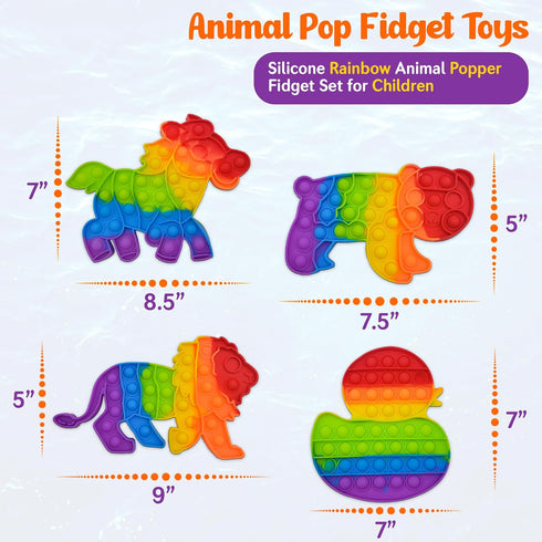 only U Set, Set 4 Pack Animals Pop Fidget Toys Silicone Rainbow Dinosaur Popper Fidget for Children, Sensory Squeeze