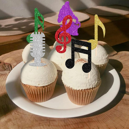 Rsstarxi 24 Pack Cupcake Toppers Glitter Microphone Musical Symbol Cupcake Picks Rock Music Concert Theme Birthday