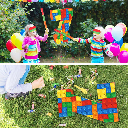 Lemicin 7 7th 16 10.6 3 Number Pinata Building Blocks with Pinata Stick Blindfold Birthday Party Decorations Happy