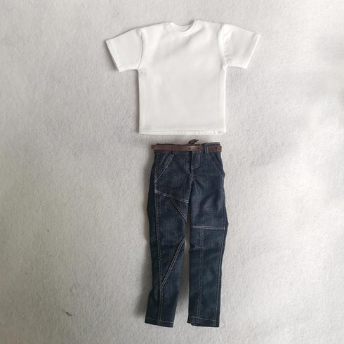 1/6 Custom Scale Clothes - T-Shirt + Jean Trousers for 12" Male Action Figure Doll Clothes (White)
