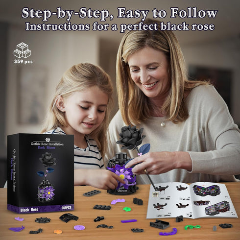 Sets 359 Alagoo Gothic Black Roses Building Blocks Kit, Mysterious Dark Bloom with Vase Toy Building for Boys Girls