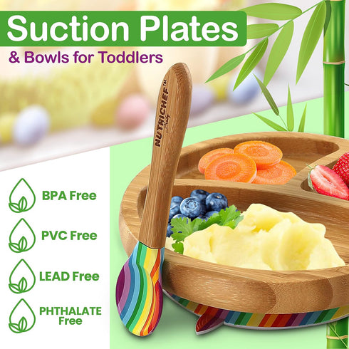 NutriChef Baby and Toddler Feeding Set, 3 Compartment Plate, Bowl, Spoon, Non-toxic Bamboo Plate with Silicone Bib,