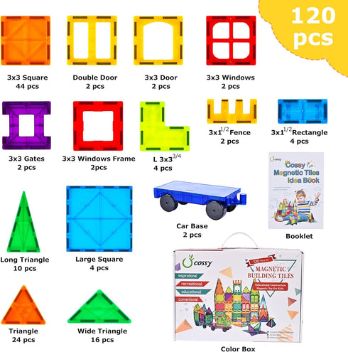 cossy 120Pcs Magnet Tiles Magnetic 3D Building Blocks Set for Kids 3+ with Stronger Magnets, Educational Construction