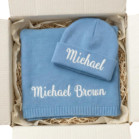 Kryvoxc Personalized Baby Blanket with Name, Cotton Receiving Swaddle Blanket and Beanie Set,