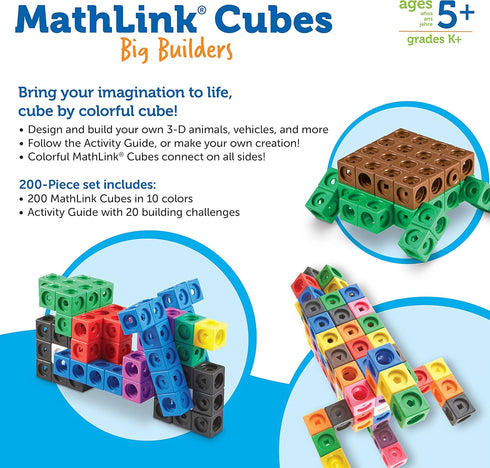 Learning Resources MathLink Cubes Big Builders, Set of 200 Cubes, STEM Toys for Kids
