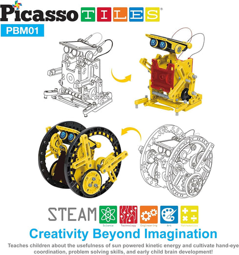 PicassoTiles STEM Kids Solar Powered Transformer Robot, 12-in-1 Educational Building Toy for Age 8+