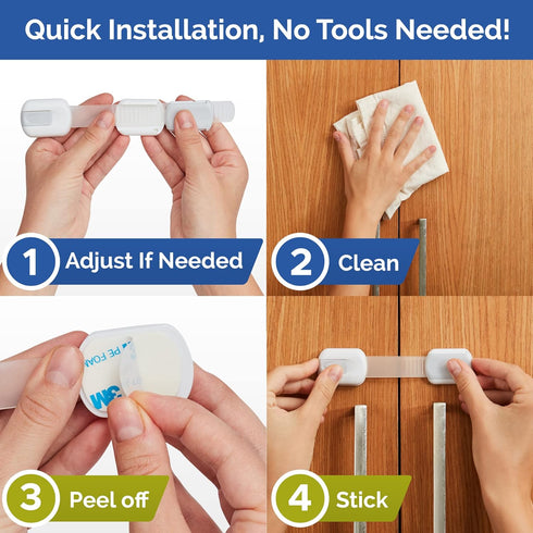 Child Safety Strap Locks (4-Pack) for Cabinets, Drawers, Toilet, Fridge, Easy Installation with 3M Adhesive Pads