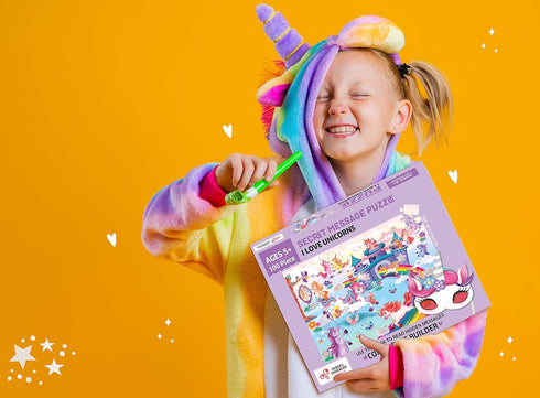 I Love Unicorns 100 Piece Puzzles for Kids Ages 4-8 - Gifts for Girls and Boys, Read Secret Messages with Decoder