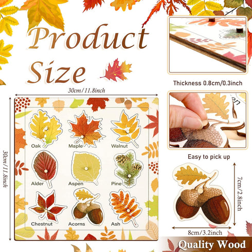 Leaf Wooden Jigsaw Puzzles with Knobs, Educational Learning Stem Toys, Thanksgiving Montessori Puzzle for Preschool