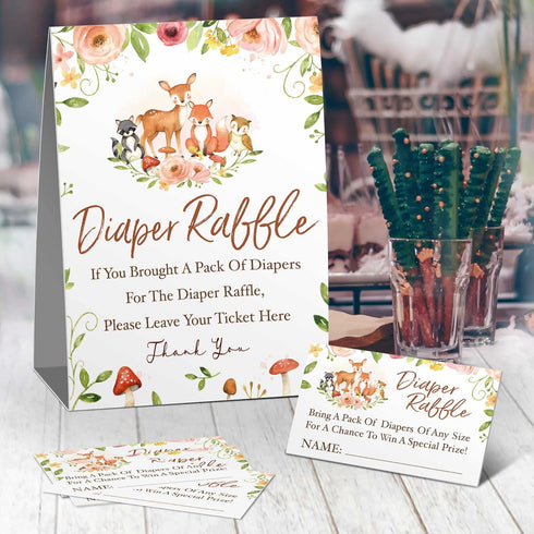 skuhyyg Ticket(1 Sign+50 Woodland Diaper Raffle Tickets, Diaper Raffle Sign, Pink flower Baby Shower Game Kit, Woodland
