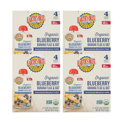 Earth's Best Organic Baby Food Pouches, Stage 2 Banana Blueberry Flax and Oat Puree, 4 oz, Pack of 16