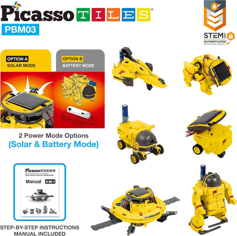 PicassoTiles STEM Kids Solar Powered Space Robot Educational Building Toy 6-in-1 DIY Kit for Age 8+