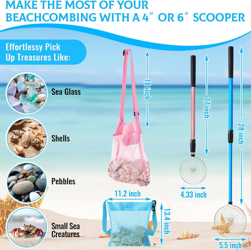 2 2 Pink,18.5-30 Inch,Scoop) Roshtia Pcs Beach Sand Sifter Scoop with Shell Bags Long Adjustable Handle Mesh Sand