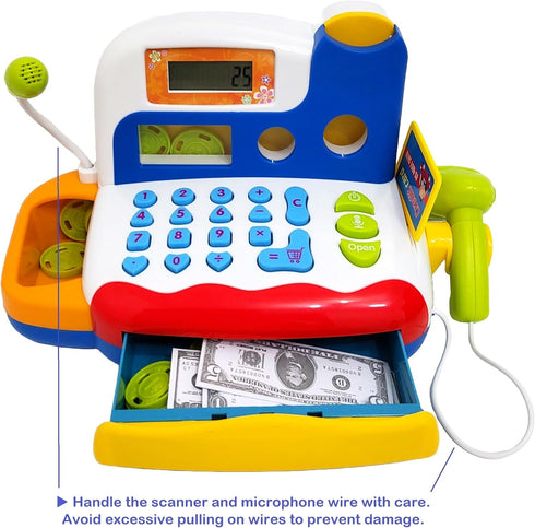 FUNERICA Toy Cash Register with Scanner, Microphone, Interactive Calculator, Grocery Food, Pretend Play Money