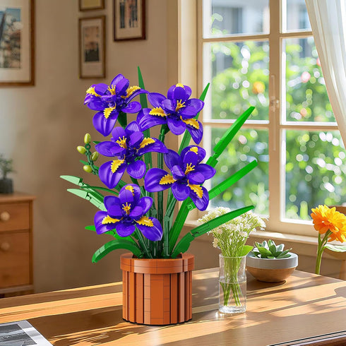 Set 808PCS CUBIMANA Flowers Botanicals Iris Building - Mother's Day Artificial Purple Bonsai Plant for Home Office