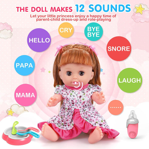 Baby Doll Toys Set, 14" Doll Toys, 25Pcs Doll Care Playset for Toddlers, Baby Gift for 3-6 Year Olds