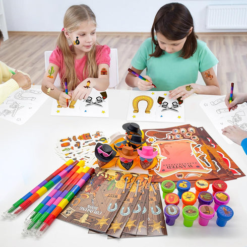 144 Set Cinrobiye Pcs Western Cowboy Party Favors, Wild West Coloring Books, Stickers, Tattoos, Stampers, Rubber Ducks