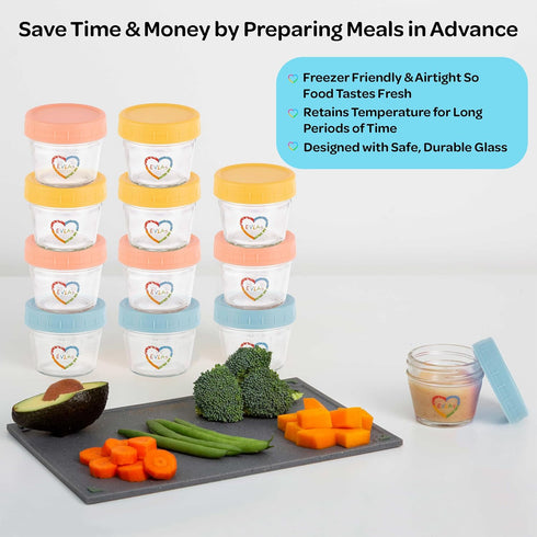 12-Pack 4 oz EVLA'S Baby Food Containers - Glass Jars with Lids - BPA-Free, Microwave, Freezer, and Dishwasher Safe