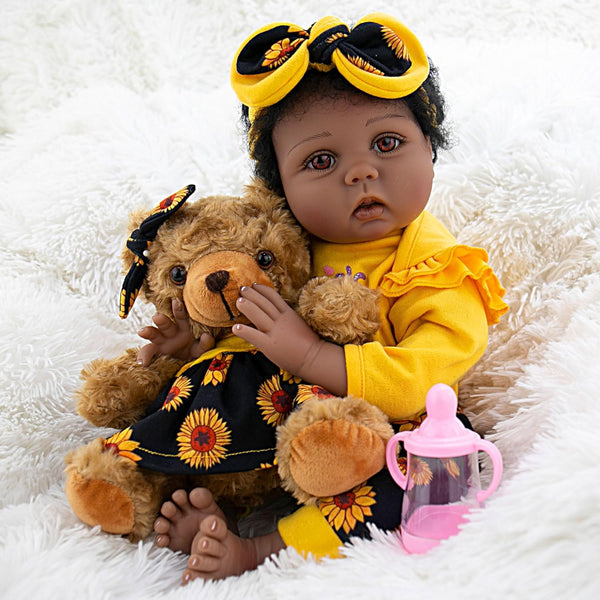Lifelike Reborn Baby Dolls Black Girl - Realistic Newborn Dolls with Soft Poseable Body, Teddy Toy, Sunflower Clothes,