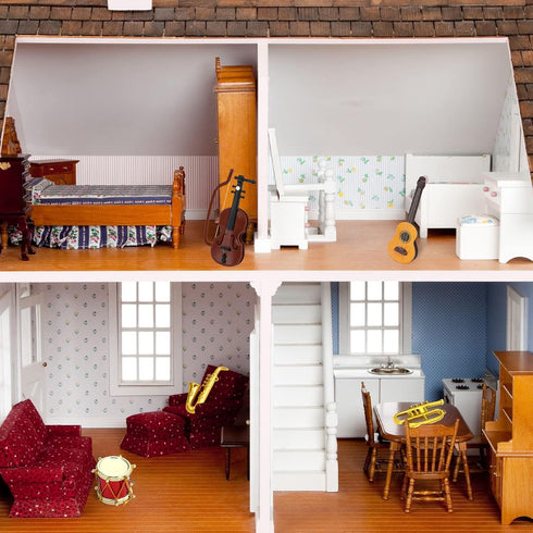 Dollhouse Miniature Musical Instrument Set in 1:12 Scale, Includes Violin, Piano, Trumpet, and Guitar