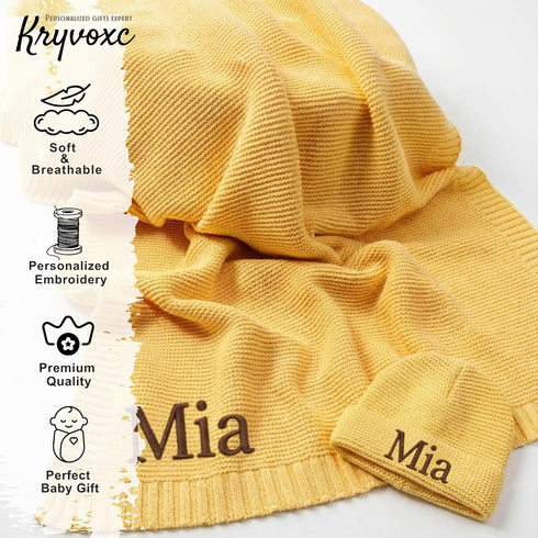 Kryvoxc Set 95% Personalized Baby Blanket with Name, Cotton Customized Swaddle Blanket and Beanie, Receiving Blanket