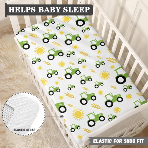 QINBEIDU 28"x52" Green Tractor Farm Fitted Crib Sheet Yellow Sun and Rice Crops Standard Crib Mattress Fitted Sheet