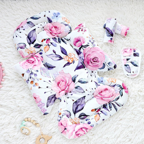 3 3 1 3D Pea Pod Infant Car Seat Insert with Strap Covers, in Reversible Floral Baby Car Seat Head Support for Newborn