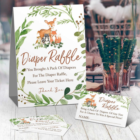 skuhyyg Ticket(1 Sign+50 Woodland Diaper Raffle Tickets, Diaper Raffle Sign, Watercolor Eucalyptus leaves Woodland