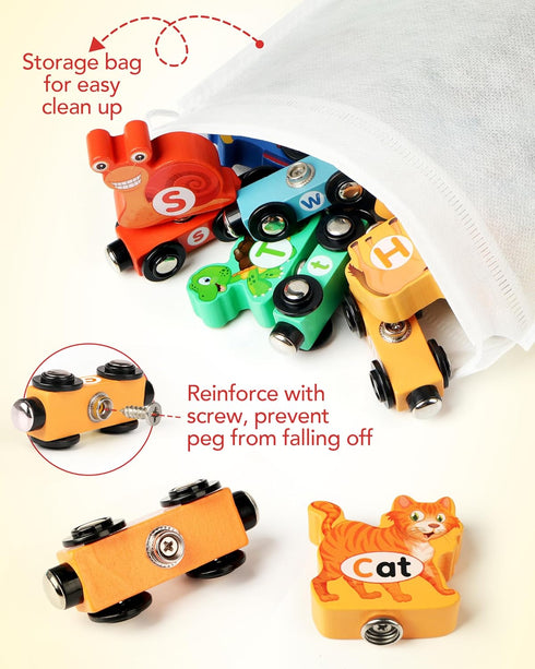 Helsort Set 3-5, Wooden Alphabet Train for Toddlers Magnetic ABC Train with Snap-Connection, Animal-Themed Educational