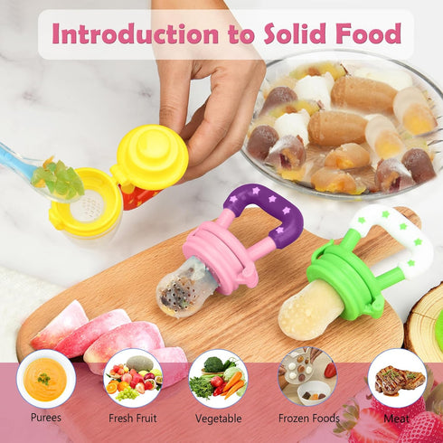 WAJIAYON Baby Fruit Feeder/Food Feeder Pacifier (3 Pack)- Infant Teething Toys | Fruit Pacifier Feeder | Silicone Teether Feeder Baby | Baby Feeding Essentials | Food Pacifier for Babies - Pink