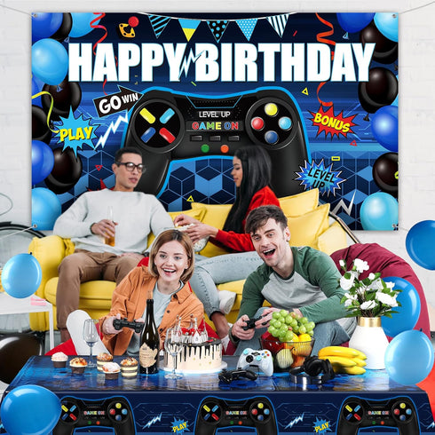Video Game Birthday Party Decorations Set, Includes Backdrop, Table Covers, Balloons, and Foil Gamer Balloons