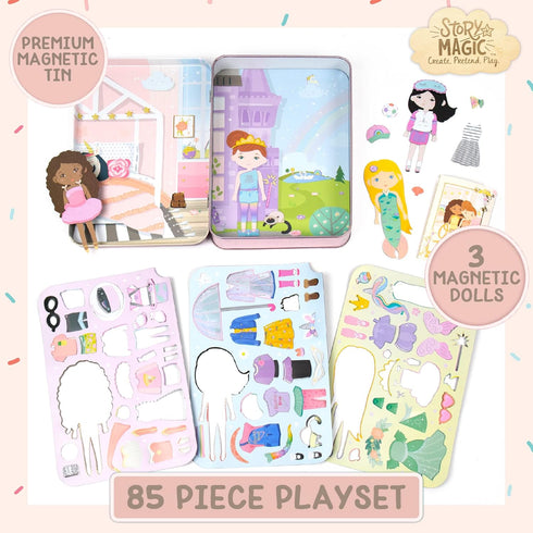 Story Magic Dress-Up Dolls Playset, Pretend Play Magnetic Case, Magnet Outfit and Accessory Pieces, Great for Travel or Playdates, Magnetic On The Go Activity Set for Ages 4, 5, 6, 7 , Pink by Horizon Group USA