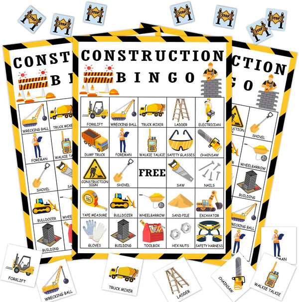 Construction Party Bingo Game - 24 Player Construction Truck Bingo Cards Set for Family Activity and Party Supplies